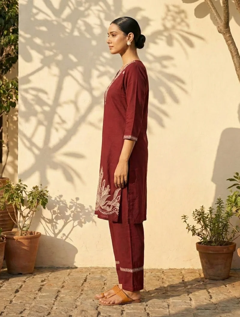ترو برونز trueBrowns Maroon Embroidered Kurta Farsi Pant Dupatta Set